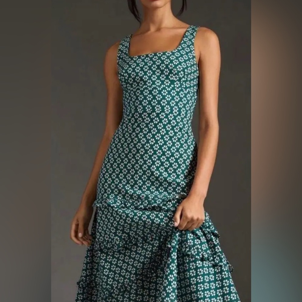 Anthropologie Blythe Square Neck Tiered Floral Midi Dress